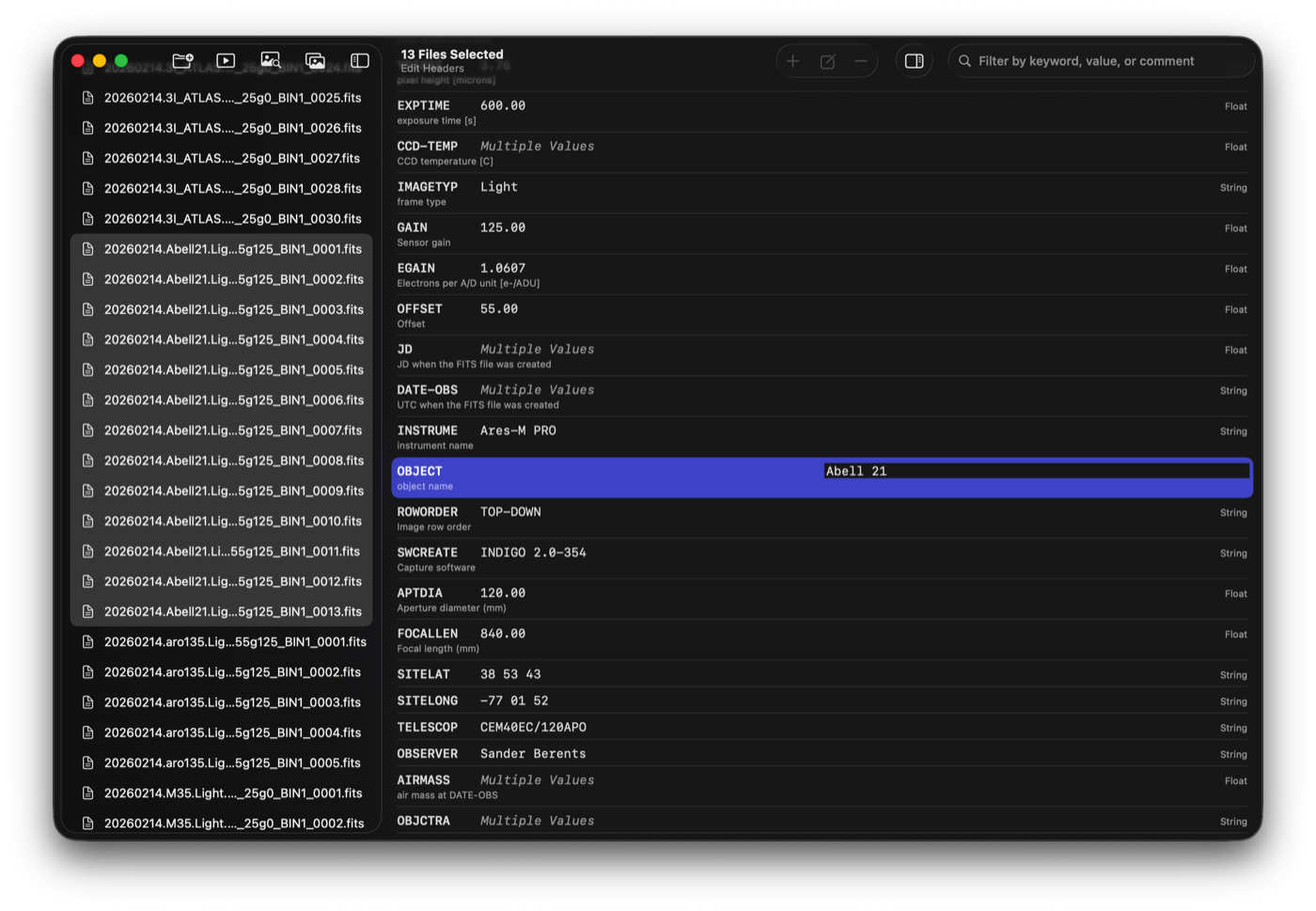 Combined header view with several files selected