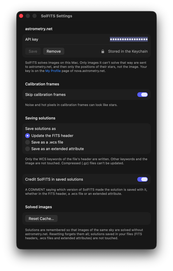 The settings window